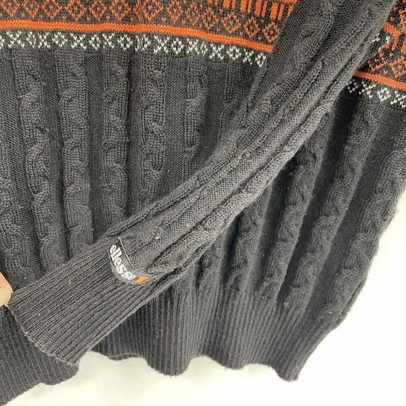 Vintage ELLESSE Wool Black 80s Mens Sweater L Italy Orange Cable knit Fishermens - Picture 5 of 6